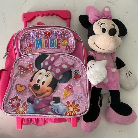 Minnie Mouse toddler rolling backpack suitcase and Minnie Mouse stuffed animal - Picture 1 of 17